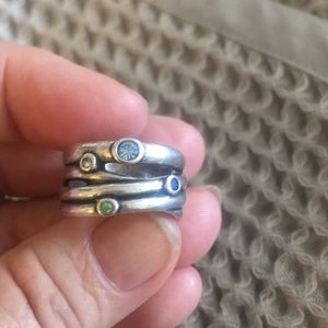 Silver ring with blue, green & yellow crystals sz7